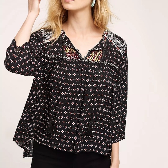 Anthropologie Maeve Emmaline Blouse in Folklore blue white embroidered  -Sz XS - Picture 1 of 9